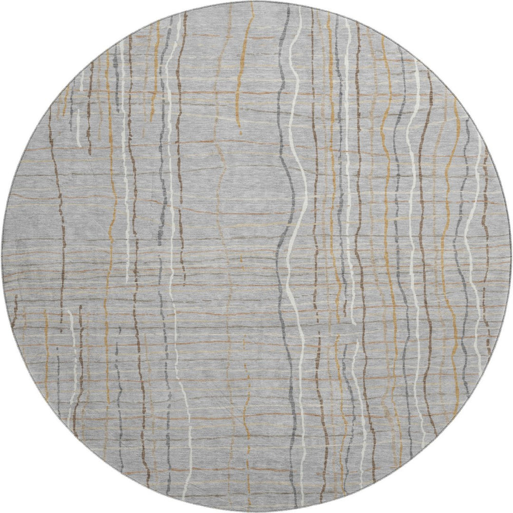 HomeRoots 8' Stylish Gray Gold Ivory Striped Washable Round Area Rug with UV Protection for Everyday Living 678553