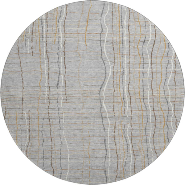 HomeRoots 8' Stylish Gray Gold Ivory Striped Washable Round Area Rug with UV Protection for Everyday Living 678553