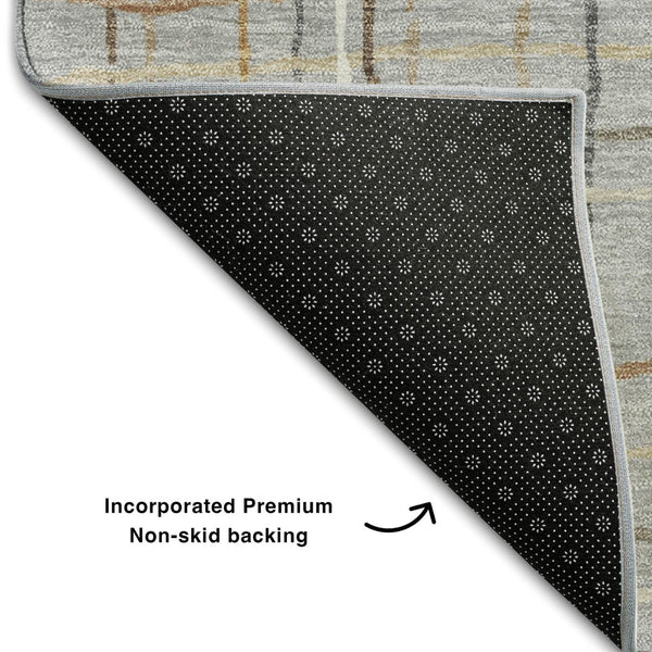 HomeRoots 8' Stylish Gray Gold Ivory Striped Washable Round Area Rug with UV Protection for Everyday Living 678553