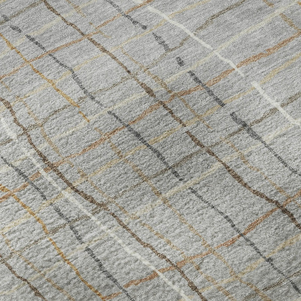 HomeRoots 8' Stylish Gray Gold Ivory Striped Washable Round Area Rug with UV Protection for Everyday Living 678553