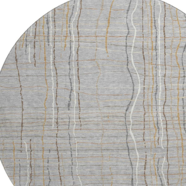 HomeRoots 8' Stylish Gray Gold Ivory Striped Washable Round Area Rug with UV Protection for Everyday Living 678553