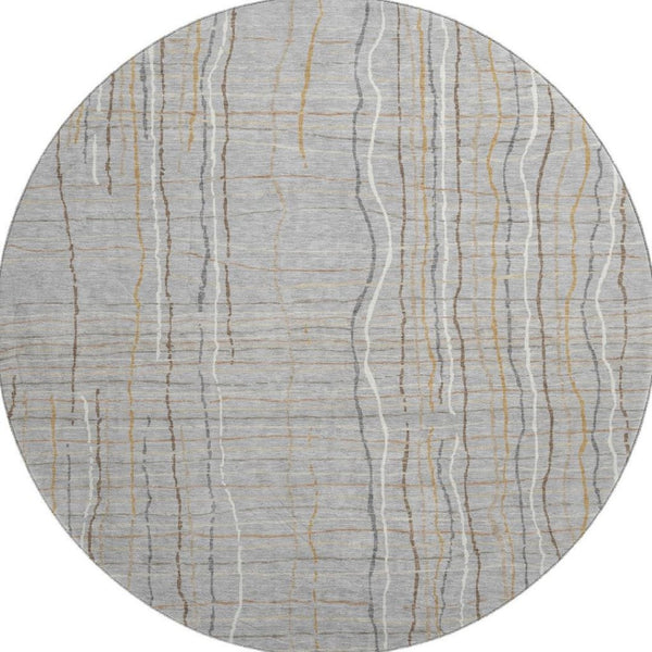 HomeRoots 8' Stylish Gray Gold Ivory Striped Washable Round Area Rug with UV Protection for Everyday Living 678553