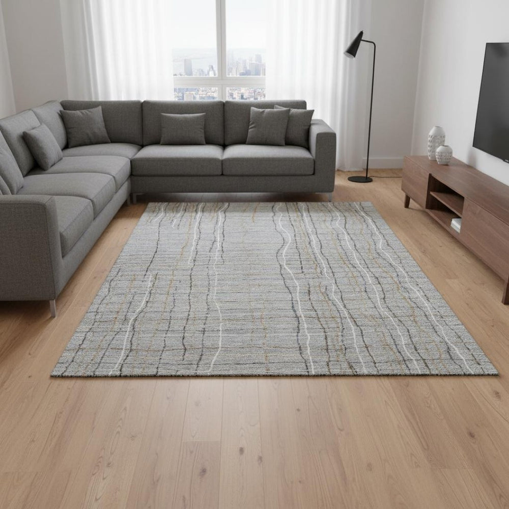 HomeRoots 8' X 10' Washable Striped Area Rug in Gray, Gold & Ivory - UV Protected, Stain Resistant & Durable 678554
