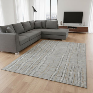 HomeRoots 9' X 12' Stylish Gray Gold Ivory Striped Area Rug - Washable, UV Protected & Perfect for High-Traffic Areas 678555
