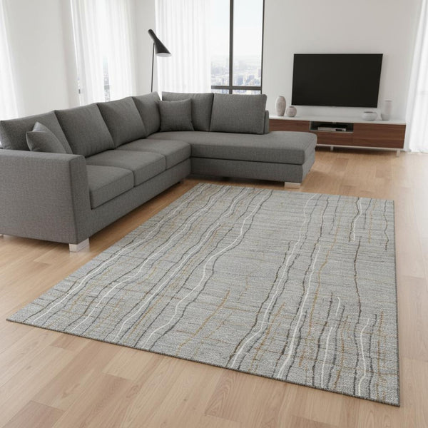 HomeRoots 9' X 12' Stylish Gray Gold Ivory Striped Area Rug - Washable, UV Protected & Perfect for High-Traffic Areas 678555