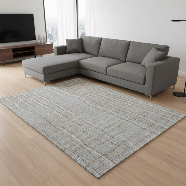 HomeRoots 10' Gray, Gold & Ivory Striped Washable Area Rug - UV Protected, Durable & Stylish for Any Space 678556