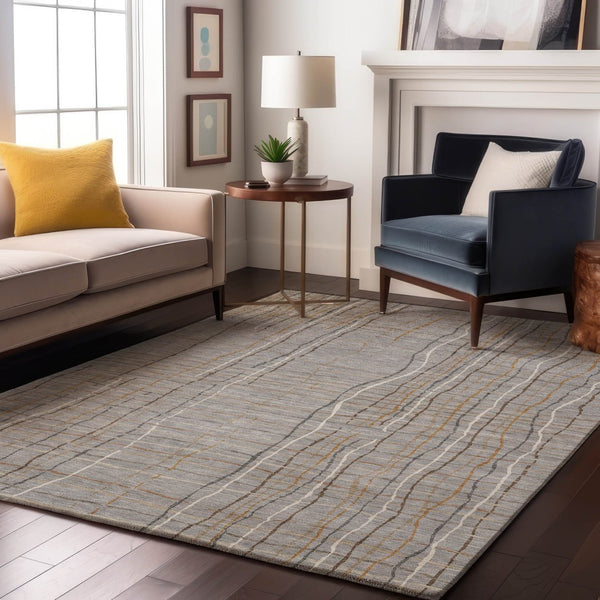 HomeRoots 10' Gray, Gold & Ivory Striped Washable Area Rug - UV Protected, Durable & Stylish for Any Space 678556