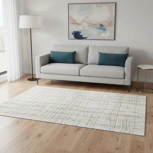 HomeRoots 5' X 8' Washable Area Rug in Ivory, Gold & Gray Stripes – Durable, Stylish, & UV-Protected Design! 678558