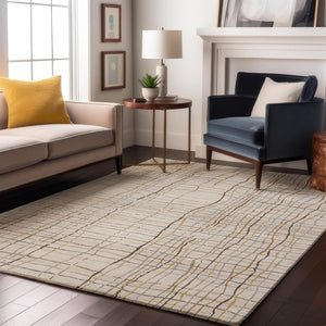 HomeRoots 5' X 8' Washable Area Rug in Ivory, Gold & Gray Stripes – Durable, Stylish, & UV-Protected Design! 678558