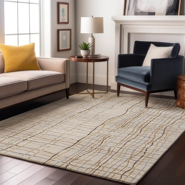 HomeRoots 5' X 8' Washable Area Rug in Ivory, Gold & Gray Stripes – Durable, Stylish, & UV-Protected Design! 678558