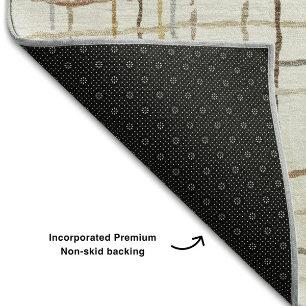 HomeRoots 5' X 8' Washable Area Rug in Ivory, Gold & Gray Stripes – Durable, Stylish, & UV-Protected Design! 678558