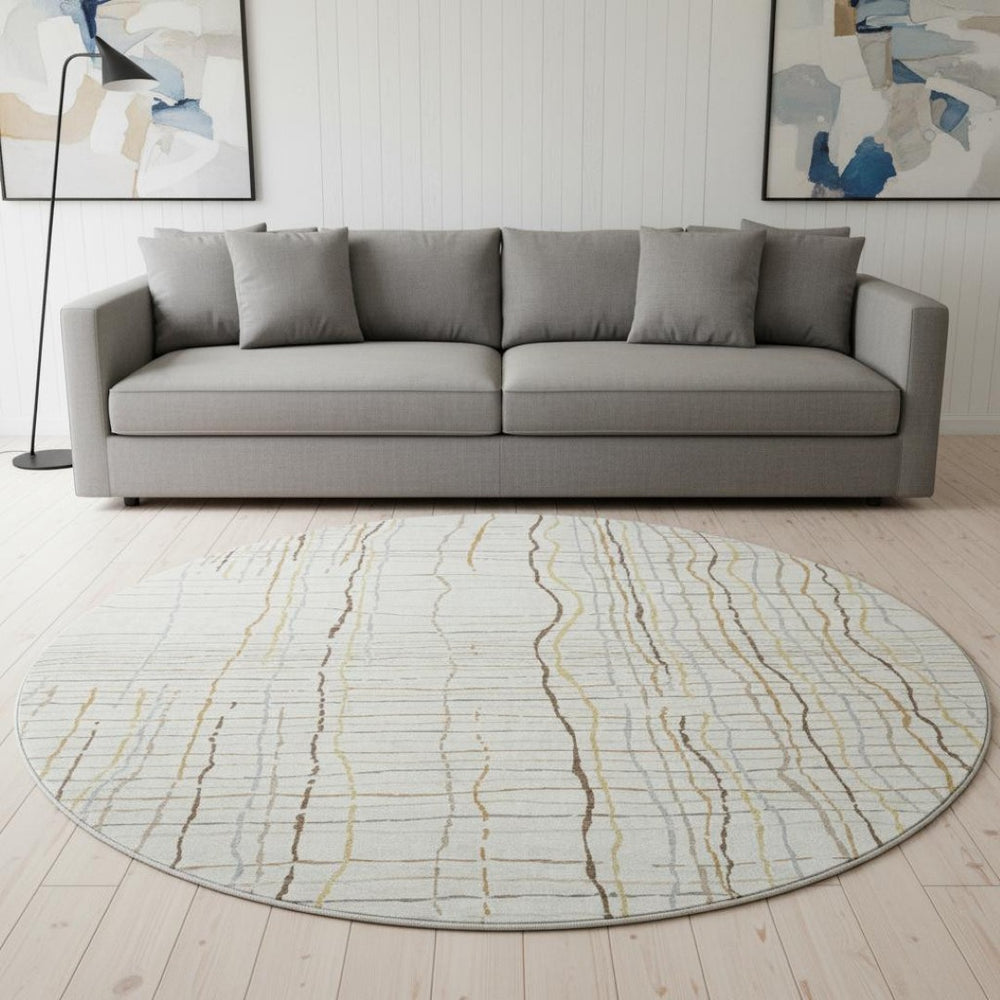 HomeRoots 8' Ivory Gold And Gray Striped Round Rug - Washable, UV-Protected, Durable for High-Traffic Areas 678559