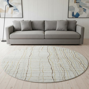 HomeRoots 8' Ivory Gold And Gray Striped Round Rug - Washable, UV-Protected, Durable for High-Traffic Areas 678559