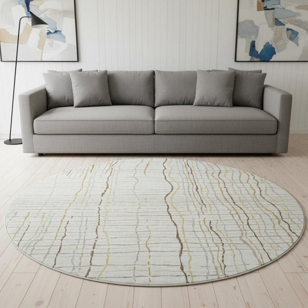 HomeRoots 8' Ivory Gold And Gray Striped Round Rug - Washable, UV-Protected, Durable for High-Traffic Areas 678559