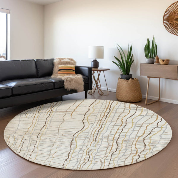 HomeRoots 8' Ivory Gold And Gray Striped Round Rug - Washable, UV-Protected, Durable for High-Traffic Areas 678559