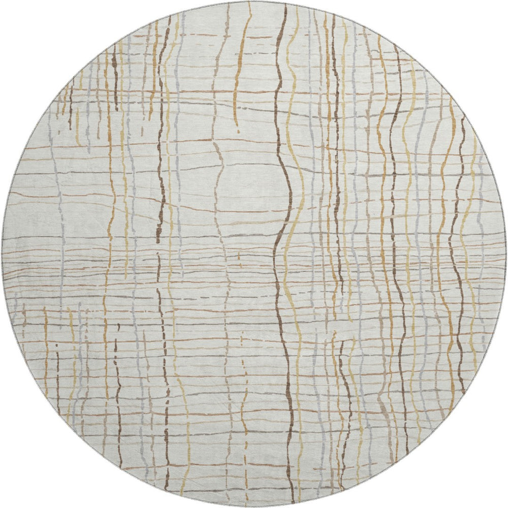 HomeRoots 8' Ivory Gold And Gray Striped Round Rug - Washable, UV-Protected, Durable for High-Traffic Areas 678559