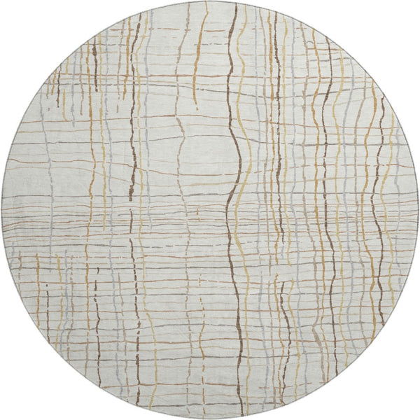 HomeRoots 8' Ivory Gold And Gray Striped Round Rug - Washable, UV-Protected, Durable for High-Traffic Areas 678559