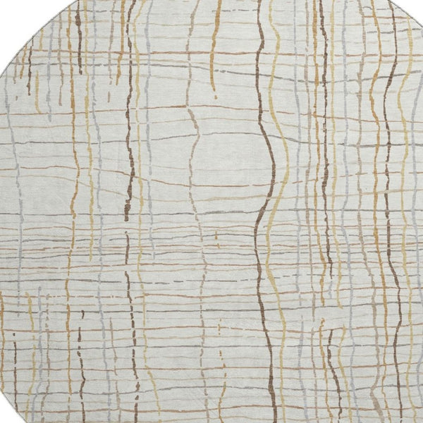 HomeRoots 8' Ivory Gold And Gray Striped Round Rug - Washable, UV-Protected, Durable for High-Traffic Areas 678559