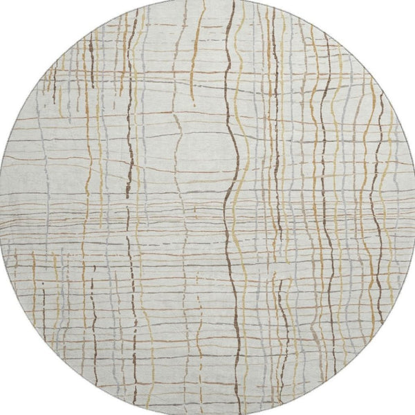 HomeRoots 8' Ivory Gold And Gray Striped Round Rug - Washable, UV-Protected, Durable for High-Traffic Areas 678559