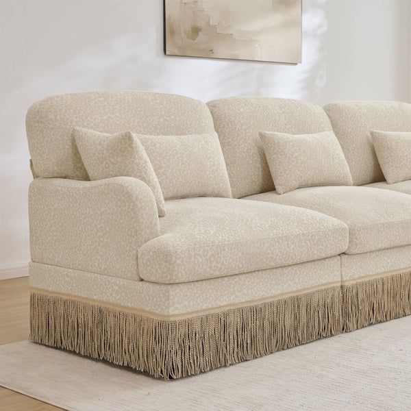 English Elm 100"comfy Chenille Leopard Print Sectional Sofa with Tassel Trim and Movable Ottoman Beige W5656S00005