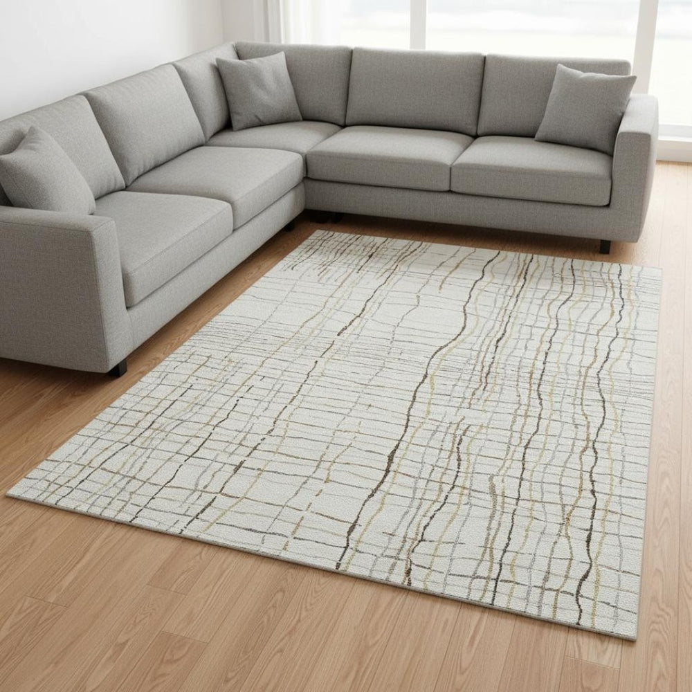 HomeRoots 8' X 10' Striped Ivory Gold Gray Washable Area Rug - Durable, Stain-Resistant, UV Protected Design 678560