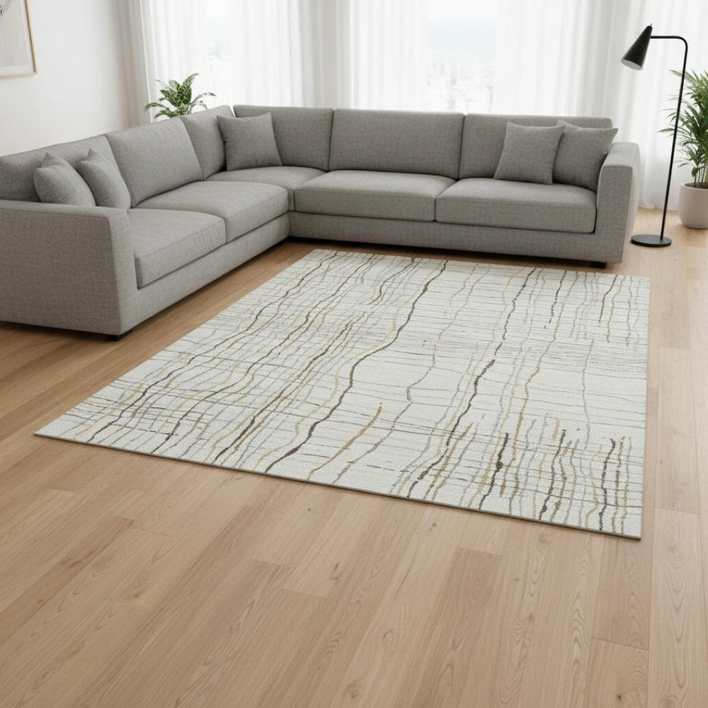 HomeRoots 9' X 12' Ivory Gold And Gray Striped Area Rug – Durable, Washable, UV Protected for Busy Homes! 678561