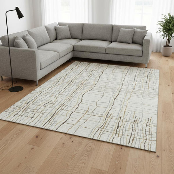 HomeRoots 10' X 14' Elegant Ivory Gold Gray Striped Area Rug – Durable, Washable, UV Protected for High Traffic Homes 678562