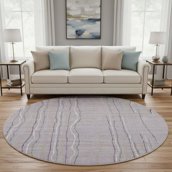 HomeRoots 8' Striped Round Rug in Lavender, Ivory & Gray - Washable, UV Protected, Durable & Stylish Design 678565
