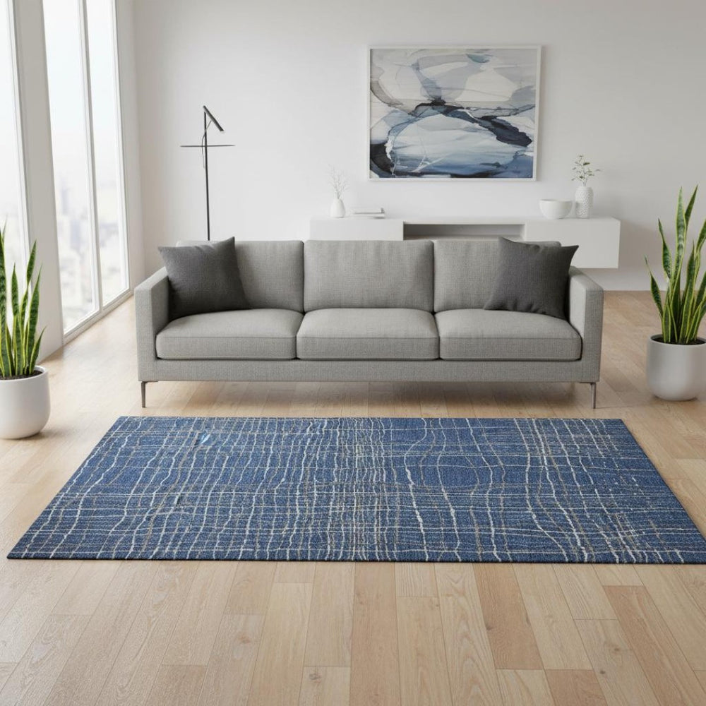 HomeRoots 5' X 8' Navy Blue & Ivory Striped Washable Area Rug - UV Protected, Durable, Easy Care for Busy Homes 678570