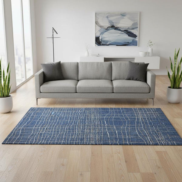 HomeRoots 5' X 8' Navy Blue & Ivory Striped Washable Area Rug - UV Protected, Durable, Easy Care for Busy Homes 678570