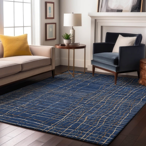 HomeRoots 5' X 8' Navy Blue & Ivory Striped Washable Area Rug - UV Protected, Durable, Easy Care for Busy Homes 678570