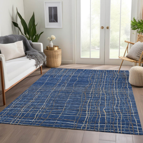 HomeRoots 5' X 8' Navy Blue & Ivory Striped Washable Area Rug - UV Protected, Durable, Easy Care for Busy Homes 678570