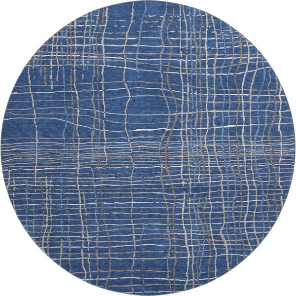 HomeRoots 8' Navy Blue and Ivory Striped Washable Round Rug – Durable, UV Protected, Easy-Care for High-Traffic Areas 678571