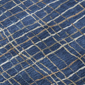 HomeRoots 8' Navy Blue and Ivory Striped Washable Round Rug – Durable, UV Protected, Easy-Care for High-Traffic Areas 678571
