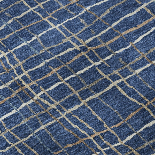 HomeRoots 8' Navy Blue and Ivory Striped Washable Round Rug – Durable, UV Protected, Easy-Care for High-Traffic Areas 678571