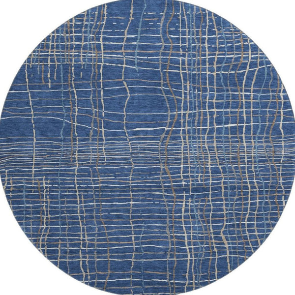 HomeRoots 8' Navy Blue and Ivory Striped Washable Round Rug – Durable, UV Protected, Easy-Care for High-Traffic Areas 678571