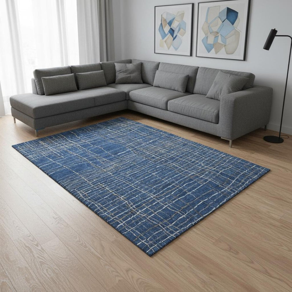 HomeRoots 8' X 10' Navy Blue & Ivory Striped Washable Area Rug with UV Protection for Homes with Kids & Pets 678572