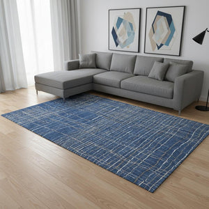 HomeRoots 9' X 12' Navy Blue And Ivory Striped Area Rug - Durable, Washable & UV-Protected for Everyday Living 678573