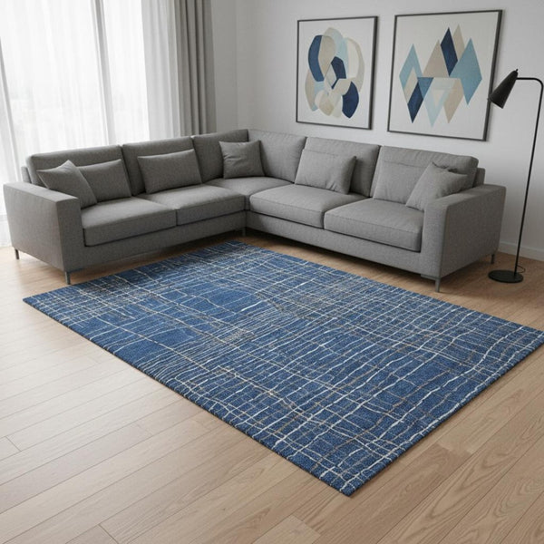 HomeRoots 10' X 14' Navy Blue & Ivory Striped Washable Area Rug – Durable, UV-Protected, Perfect for High-Traffic Spaces 678574