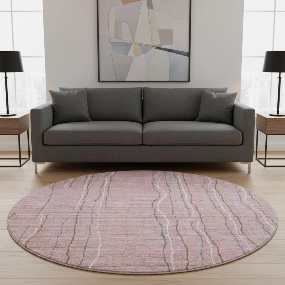 HomeRoots 8' Pink Ivory And Gray Striped Round Rug - Washable, UV Protected, Perfect for Busy Homes & Spaces! 678577