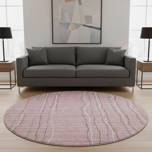 HomeRoots 8' Pink Ivory And Gray Striped Round Rug - Washable, UV Protected, Perfect for Busy Homes & Spaces! 678577