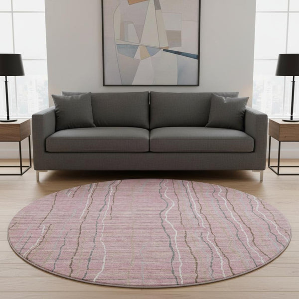 HomeRoots 8' Pink Ivory And Gray Striped Round Rug - Washable, UV Protected, Perfect for Busy Homes & Spaces! 678577