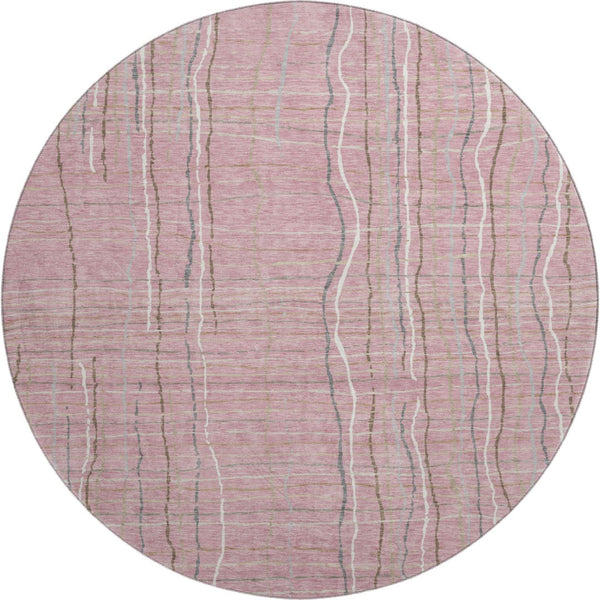 HomeRoots 8' Pink Ivory And Gray Striped Round Rug - Washable, UV Protected, Perfect for Busy Homes & Spaces! 678577