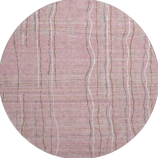 HomeRoots 8' Pink Ivory And Gray Striped Round Rug - Washable, UV Protected, Perfect for Busy Homes & Spaces! 678577
