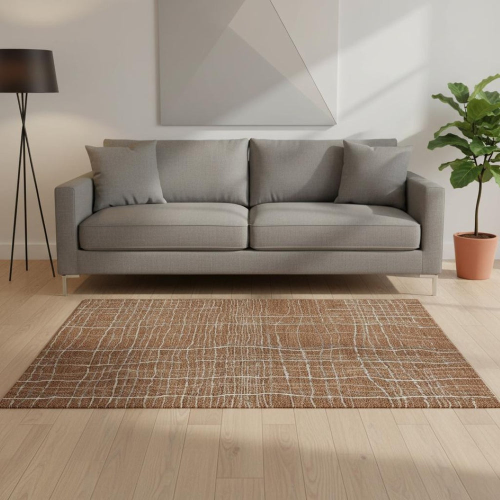 HomeRoots 5' x 8' Stylish Rust, Ivory & Gray Striped Area Rug - Washable, Stain Resistant, UV Protected! 678582