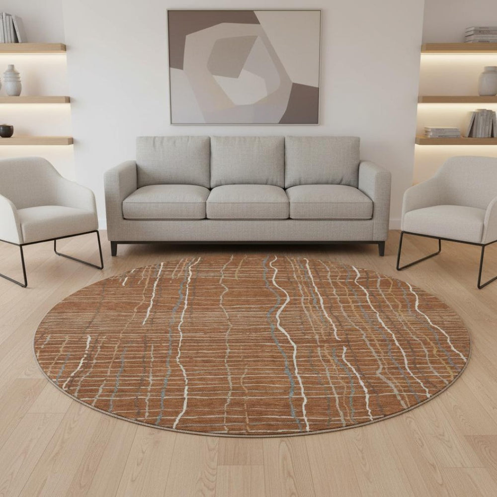 HomeRoots 8' Washable Round Rug in Rust, Ivory & Gray Stripes – Durable, UV-Protected, Easy-Care Design for Any Space 678583