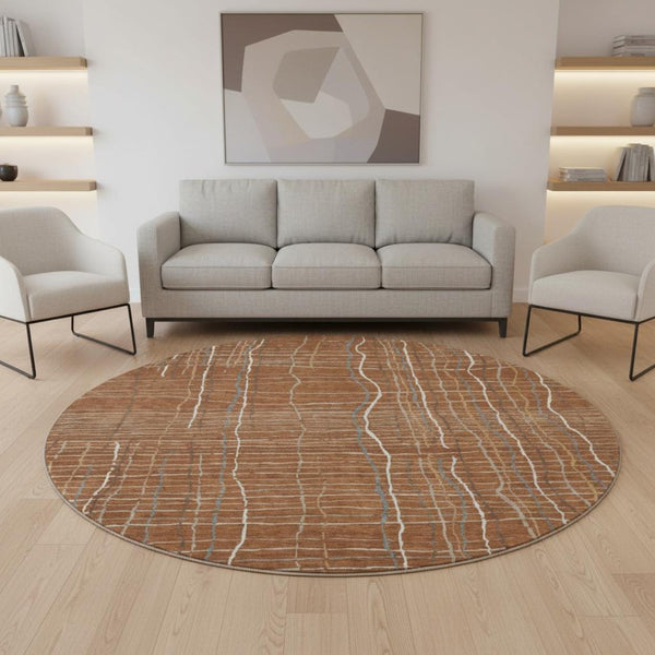 HomeRoots 8' Washable Round Rug in Rust, Ivory & Gray Stripes – Durable, UV-Protected, Easy-Care Design for Any Space 678583