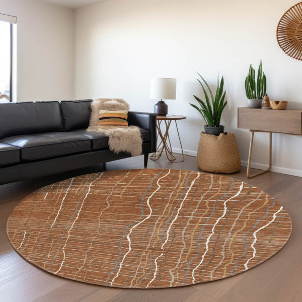 HomeRoots 8' Washable Round Rug in Rust, Ivory & Gray Stripes – Durable, UV-Protected, Easy-Care Design for Any Space 678583