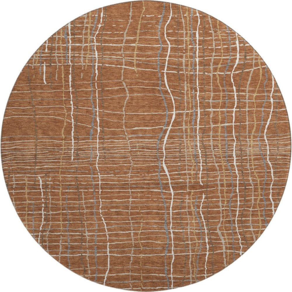 HomeRoots 8' Washable Round Rug in Rust, Ivory & Gray Stripes – Durable, UV-Protected, Easy-Care Design for Any Space 678583