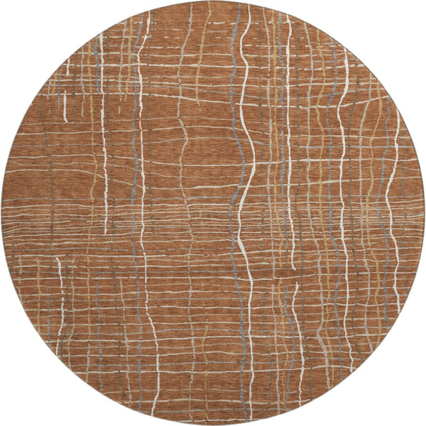HomeRoots 8' Washable Round Rug in Rust, Ivory & Gray Stripes – Durable, UV-Protected, Easy-Care Design for Any Space 678583